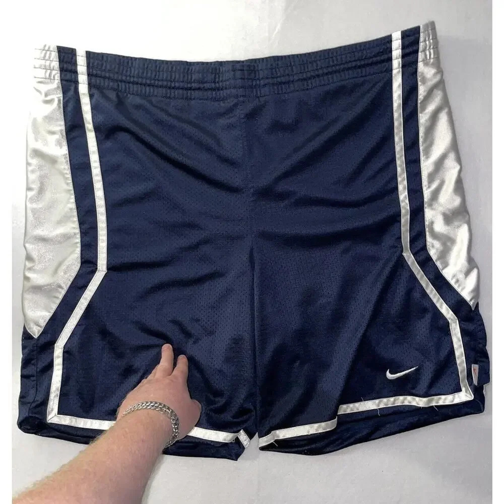 Vintage Y2K Nike Basketball Shorts Navy Blue Silky Shiny Dazzle Baggy Size‎ 2XL